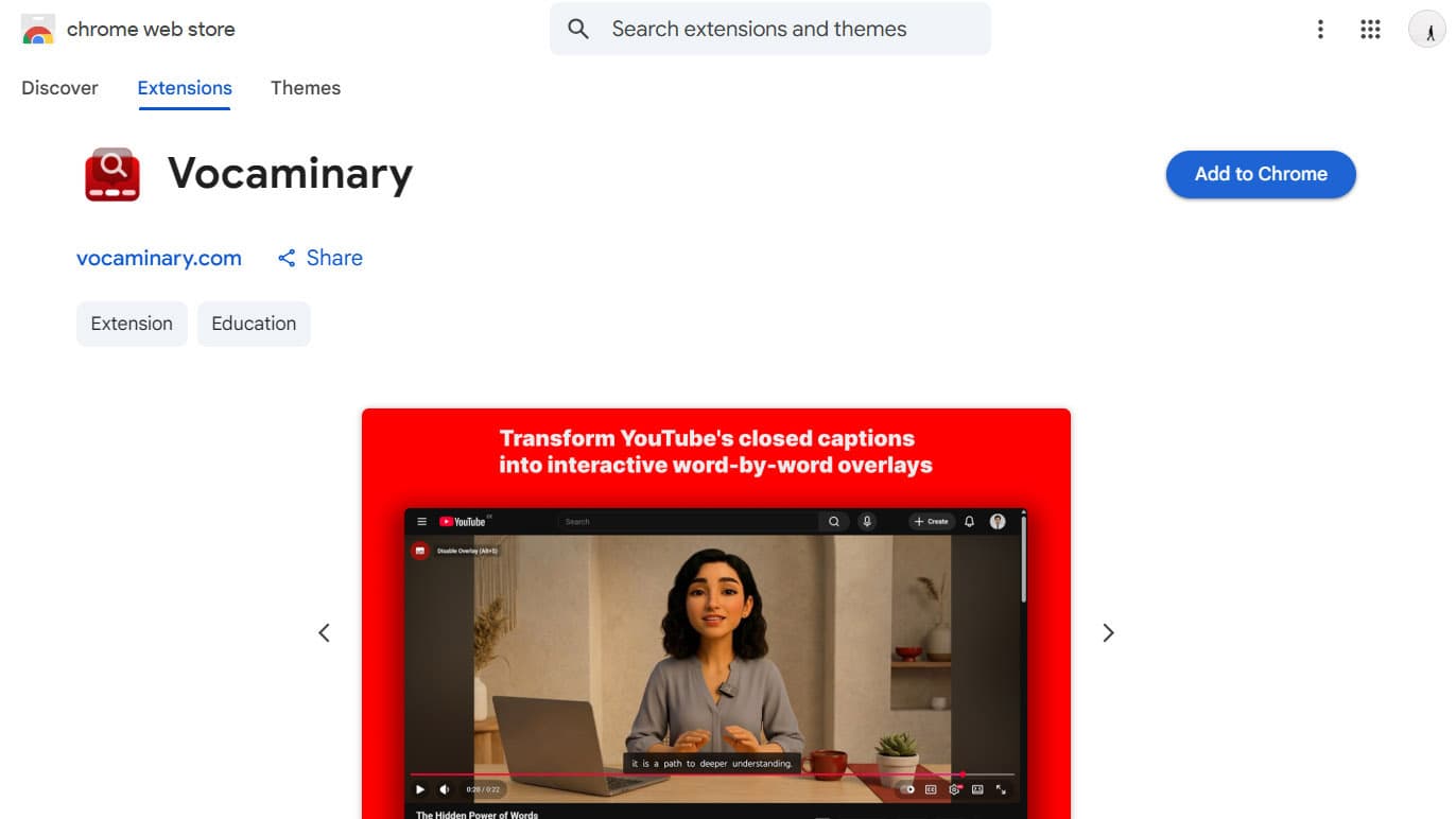 Chrome Web Store page for Vocaminary